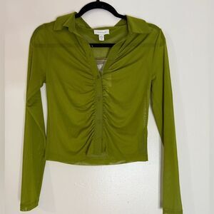 Topshop Olive Button-Up Mesh Shirt